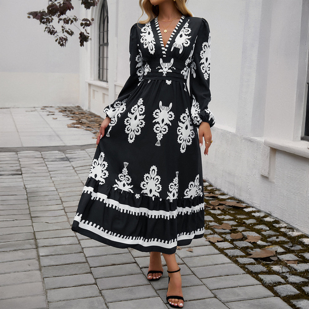 cross-border autumn/winter  fashion women's dress - elegant printed v-neck a-line dress for export to europe and the us