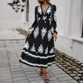 cross-border autumn/winter  fashion women's dress - elegant printed v-neck a-line dress for export to europe and the us