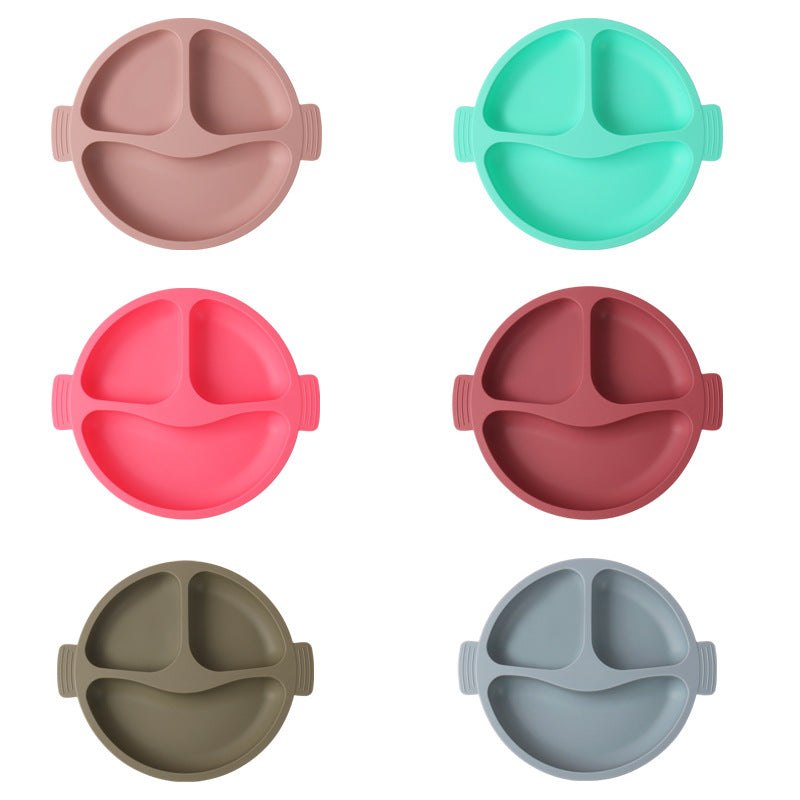 Children's silicone tableware Infants and toddlers Smiley face Three-grid plate Baby feeding complementary food bowl Spot silicone tableware set