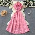 French chic elegant dress - women's  summer design: cutout detail, patchwork, turn-down collar, short sleeves, cinched waist, maxi length