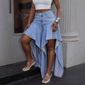 Fashionjeans women's light blue fishtail slit ruffles wide-leg pants high waistasymmetricalmop denim pants