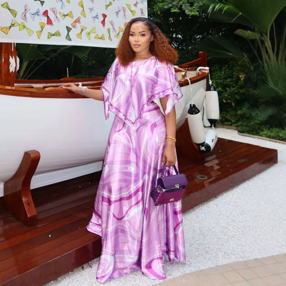 Fashion cross-border african women's clothing new arrivalfashionasymmetrical round neck printingtopshigh waist skirt suit