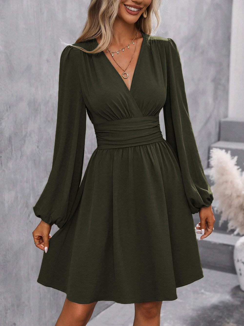 Fall and winternew arrival slanted collar lantern sleeve pleated waist dress