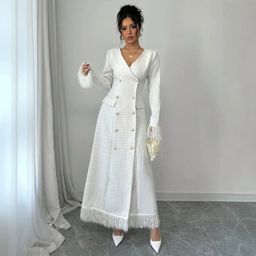 socialite style tweed longoutwear double row pearl button tassel patchworkslimming look silmdress
