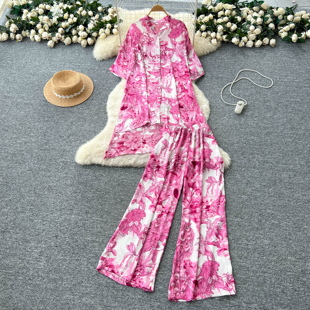 Fashionfashionablesuit women's summer young lady styleasymmetrical medium long printingshirthigh waistloose pantssuit