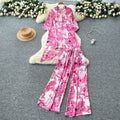 Fashionfashionablesuit women's summer young lady styleasymmetrical medium long printingshirthigh waistloose pantssuit