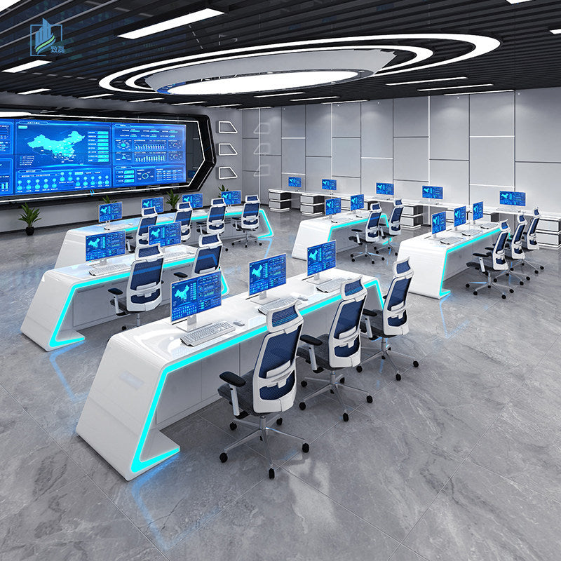 Saint li's futuristic surveillance console, command center curved control desk, central control room monitoring station, and workstation