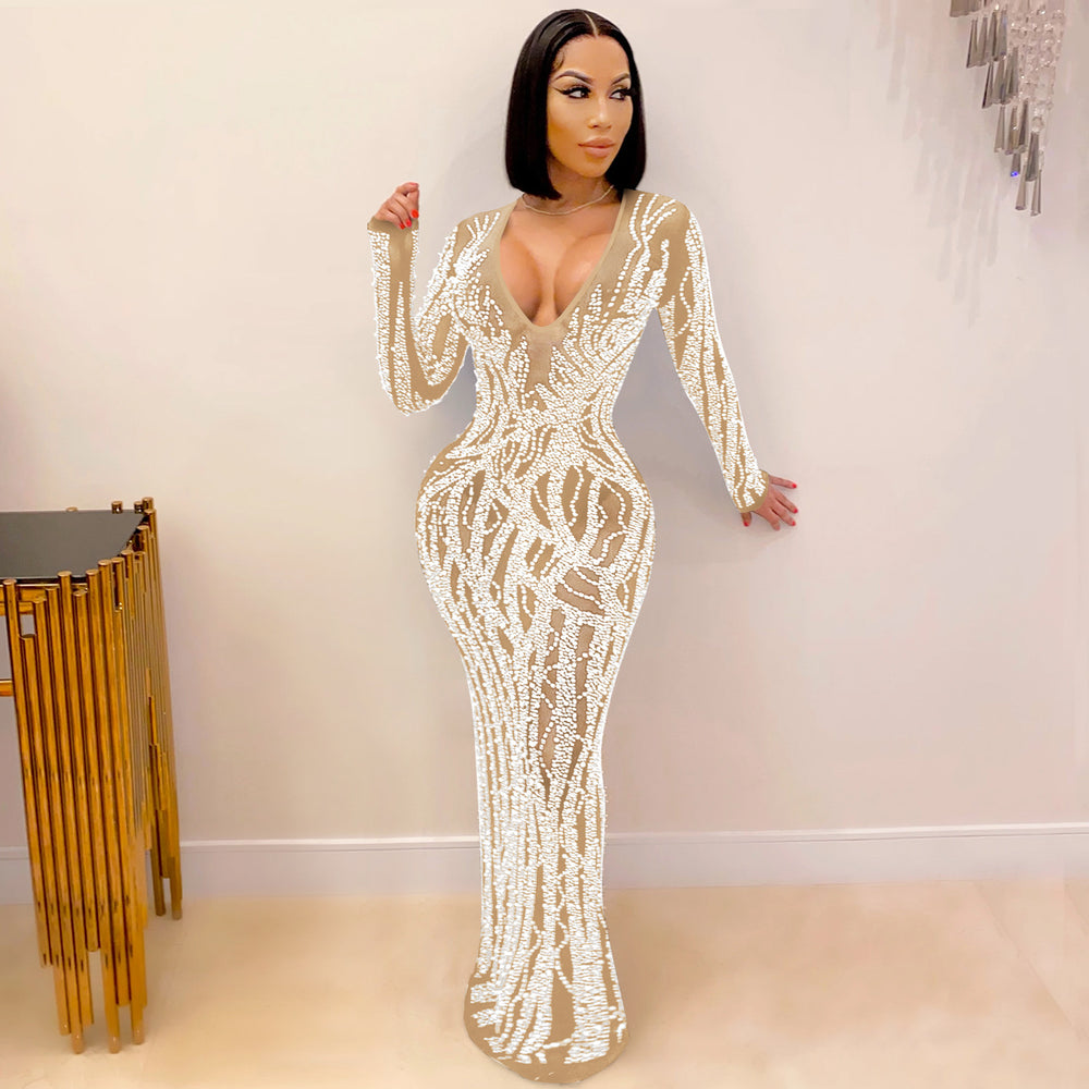 X5002 cross-border fashion new product nightclub sexy hot diamond inlaid diamond see-through mesh shiny women's dress long skirt