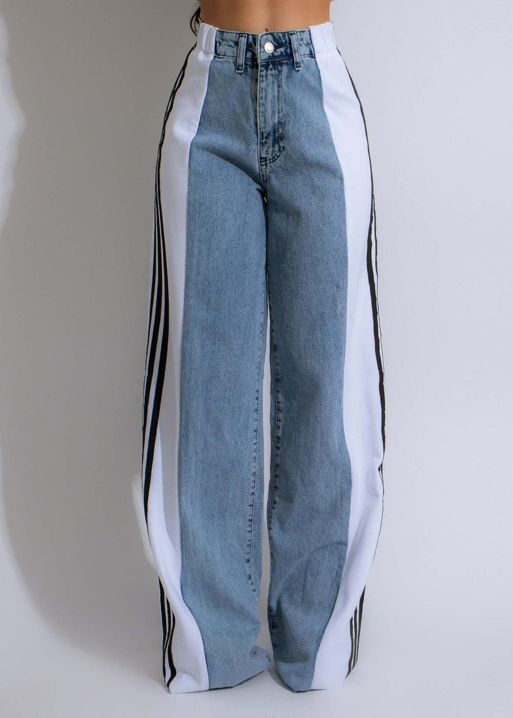 new european and american style fashion denim patchwork three-stripe wide-leg jeans casual stretch straight-leg trousers