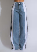 summer fashion patchwork three-stripe wide-leg denim pants - new women's casual high-waisted stretch straight-leg trousers