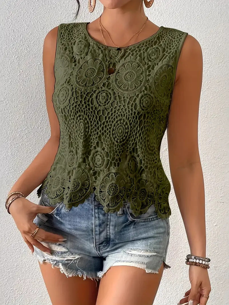 French-style heavy crochet floral camisole - women's summer chic, slimming, sexy outerwear top - elegant style