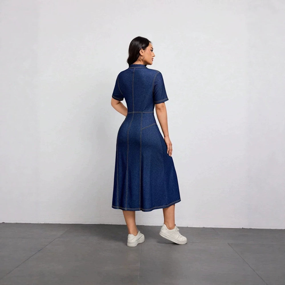 New arrivalfashion cross-border  independent station export short-sleeved lapel casual style shirt collar denim dress