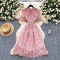 Frenchclassy sense cut out crochet lace short-sleeved dress women's summer waist slimming lookeleganta word dress