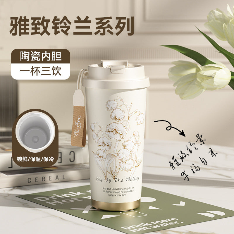 316 coffee tumbler lily of the valley thermal and cold cup for girls, good-looking straw, car double drinking cup, gift cup