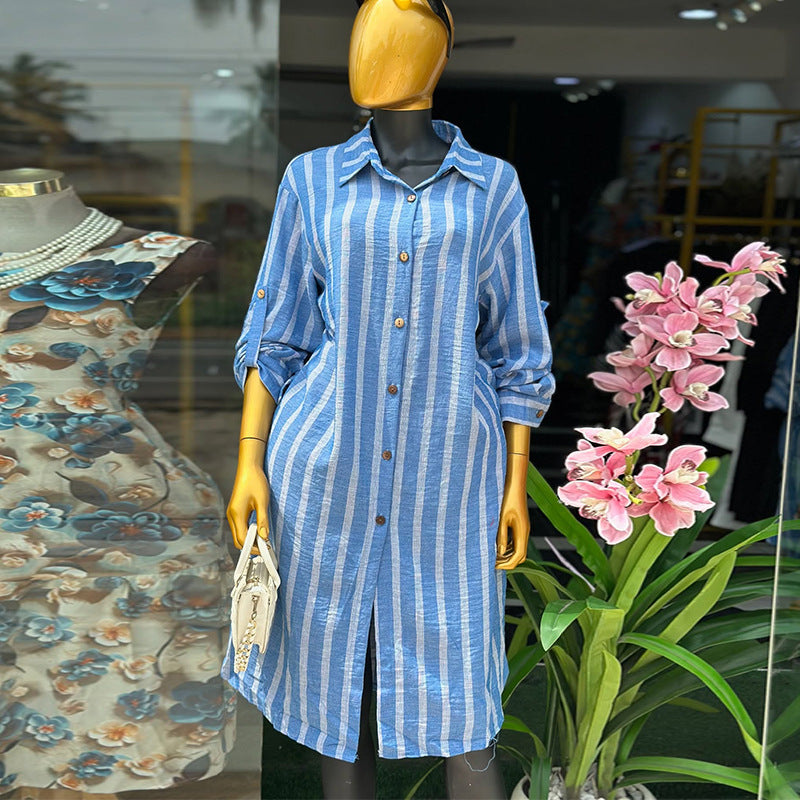 European and american cross-border women's fashion:  spring new arrival - stylish lapel blue striped longline shirt and wide-leg pants set