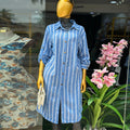 European and american cross-border women's fashion:  spring new arrival - stylish lapel blue striped longline shirt and wide-leg pants set