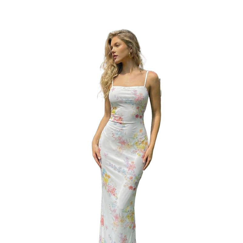 Women's summer new french elegant romantic mesh floral print slim fit waist-cinching camisole midi dress