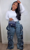 European and american style women's denim cargo pants -  cross-border fashion, streetwear-inspired, multi-pocket design, straight-leg trousers