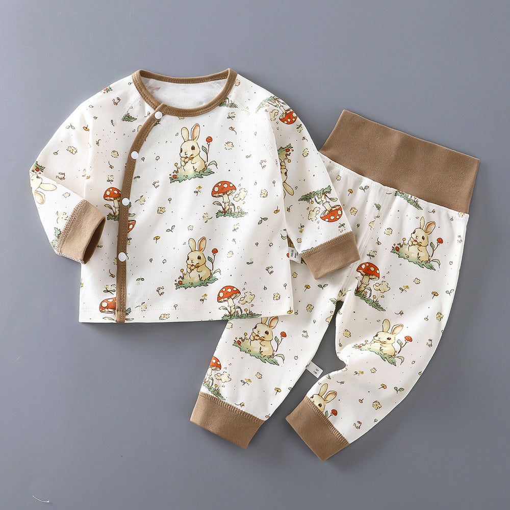 Newborn baby underwear set, all-cotton seamless thermal underwear, cute cartoon design, high-waisted pants for baby, belly protection