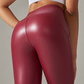Clearance high waist hip belt t-line tights brushed pu plus size leather pants yoga fitness casual sports bottom pants