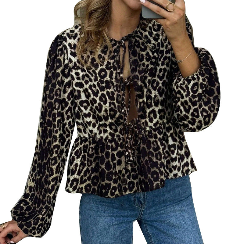 Customized  European and American temperament sexy leopard print long-sleeved shirt spring and autumn shirt cardigan female contractor package material processing