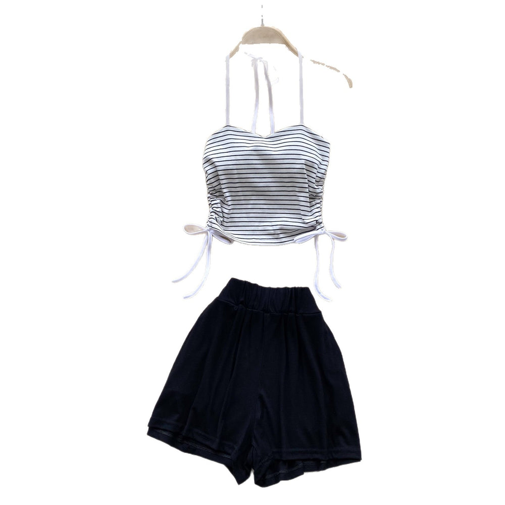 Halter stripes camisole high waistslimming look shortstwo-piece set women's summer silm tube top culottessuit