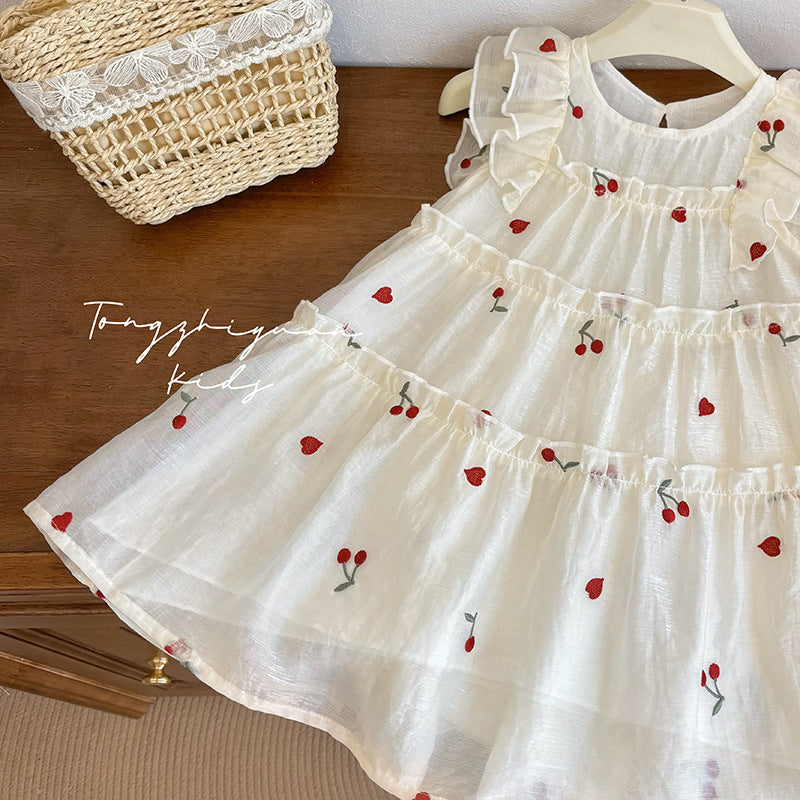 Girls' summer new cherry embroidered dress - casual, stylish, and high-quality european-inspired children's wear for baby girls