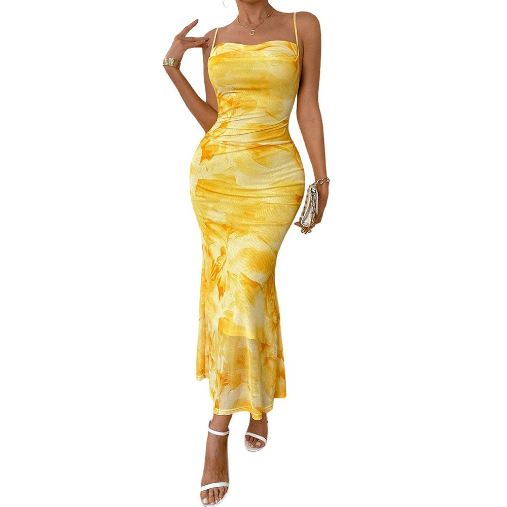 european and american  sexy bodycon camisole bandeau maxi dress - floral grey print high-waisted bodycon dress