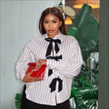 European and american cross-border women's fashion:  summer new arrivals - stylish, designer-inspired, bow-detailed, loose-fit striped long-sleeve shirt top