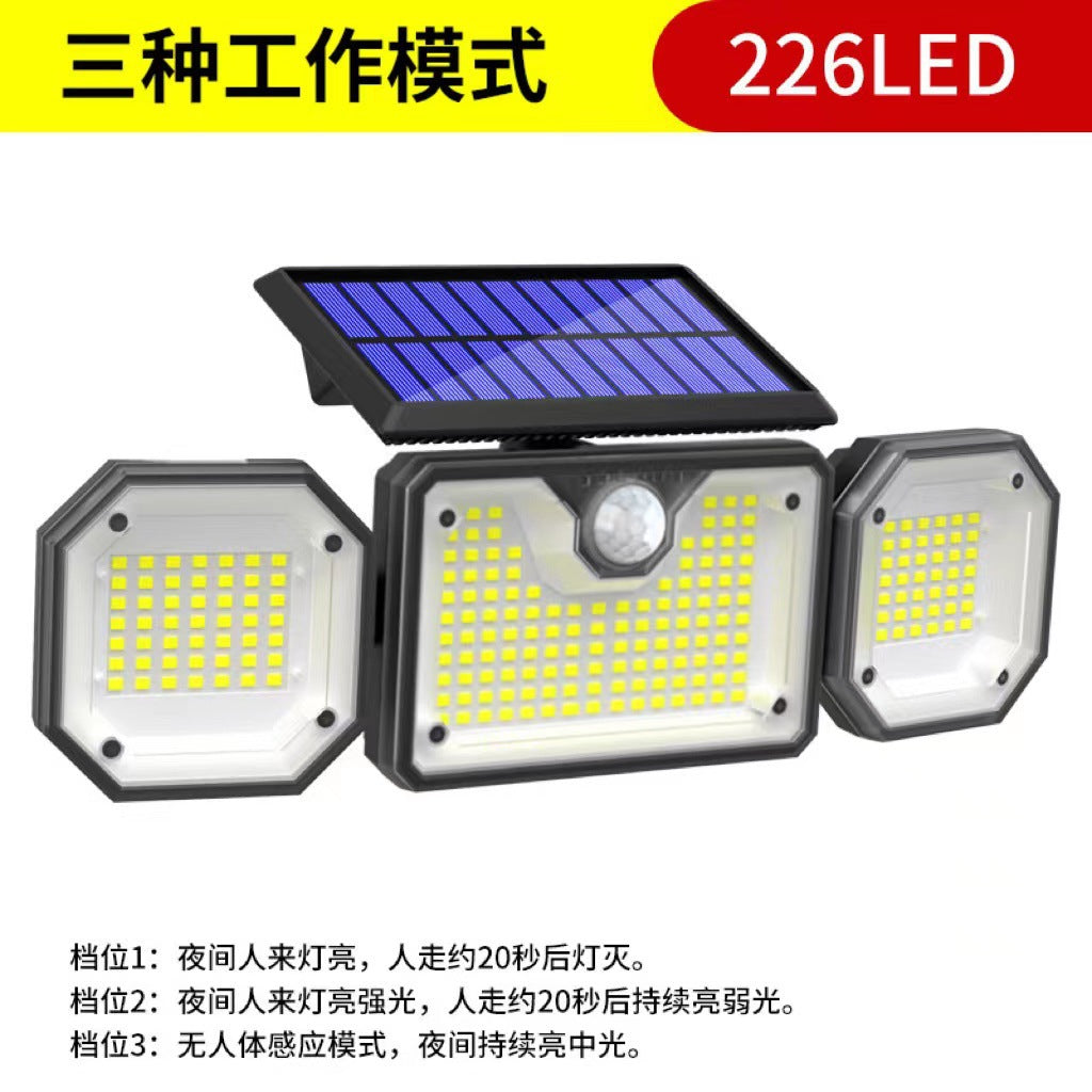Solar intelligent remote control indoor and outdoor three-head split waterproof LED automatic human body induction floodlight wall light