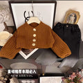 Girls' spring  new korean style knitted thickened sweater and tie-dye denim flare pants two-piece set for children