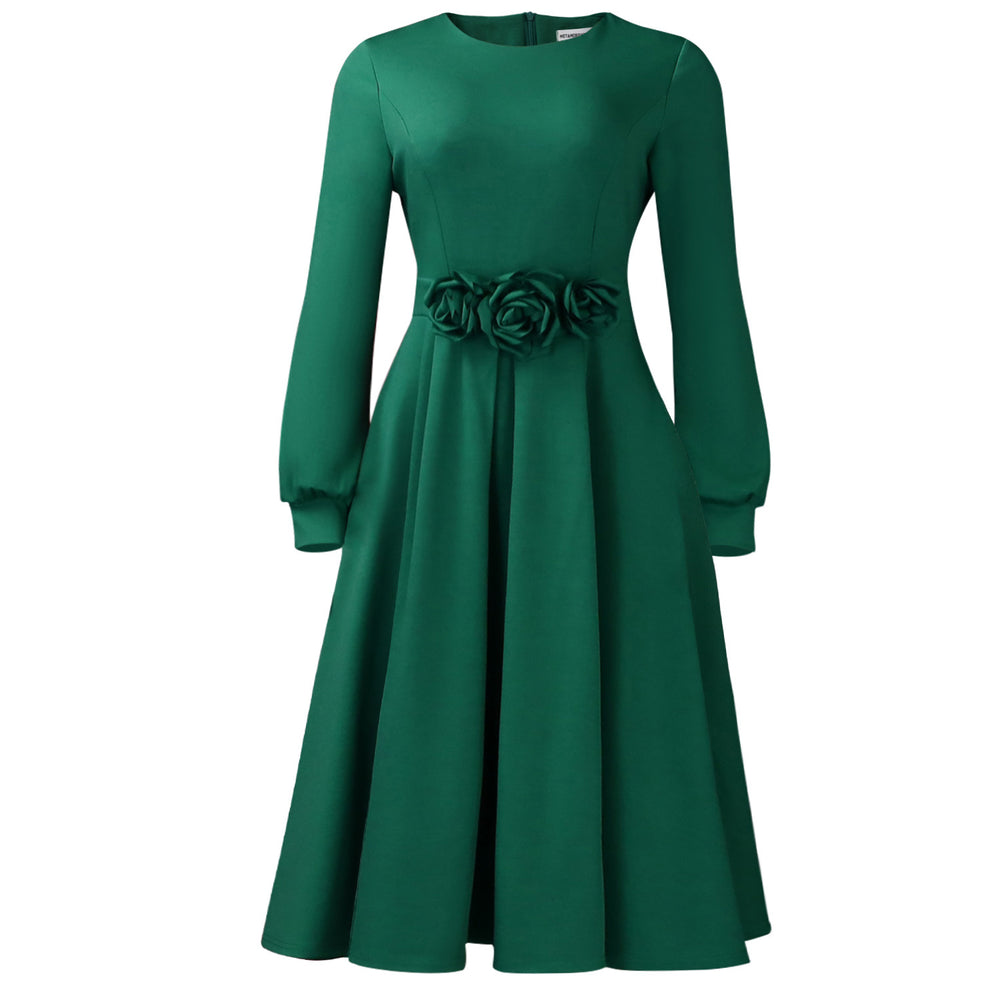 D602 women's foreign trade   autumn/winter new round neck long sleeve 3d floral skirt african dress