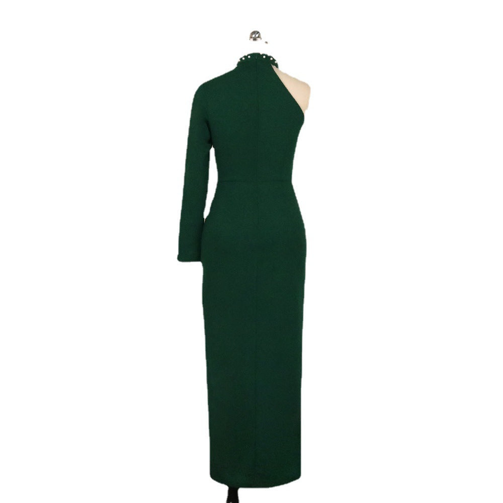 Am210821 one shoulder long sleeves slit banquet evening dress plus size women's dress party dress