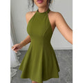 independent elegancepure color stand collar sexybacklessshortdress
