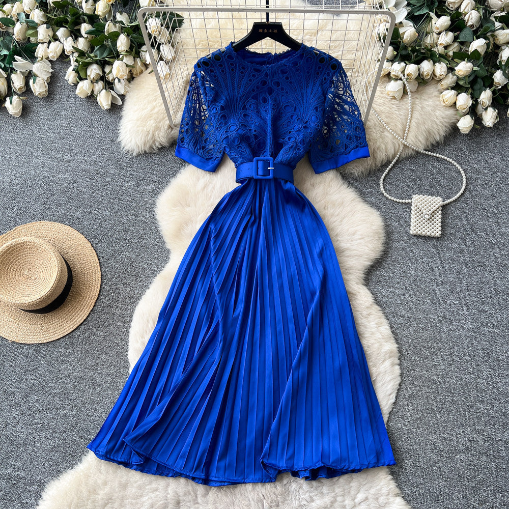 Frenchretrocut out short-sleeved dress women's summerk-style waist slimming lookclassy sense pleated long skirt work clothing