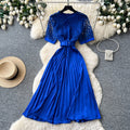 Frenchretrocut out short-sleeved dress women's summerk-style waist slimming lookclassy sense pleated long skirt work clothing