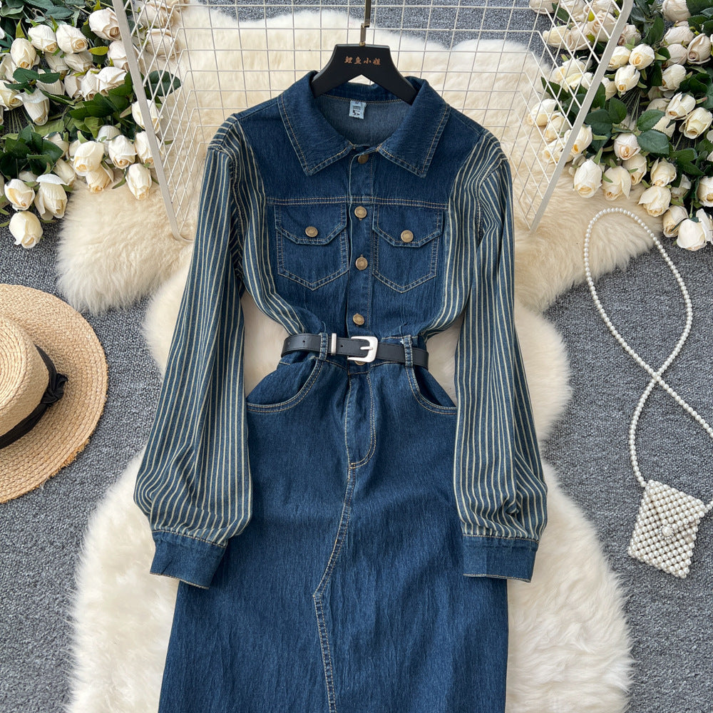 French-inspired, niche long-sleeved striped denim dress with a collared neckline, metal button detailing, a fitted waist, and a stylish slit