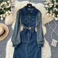 French-inspired, niche long-sleeved striped denim dress with a collared neckline, metal button detailing, a fitted waist, and a stylish slit