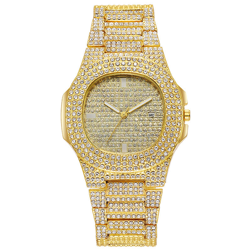 European and american hip-hop style fashion diamond watch for men and women, square large gold watch, trendy steel band quartz watch