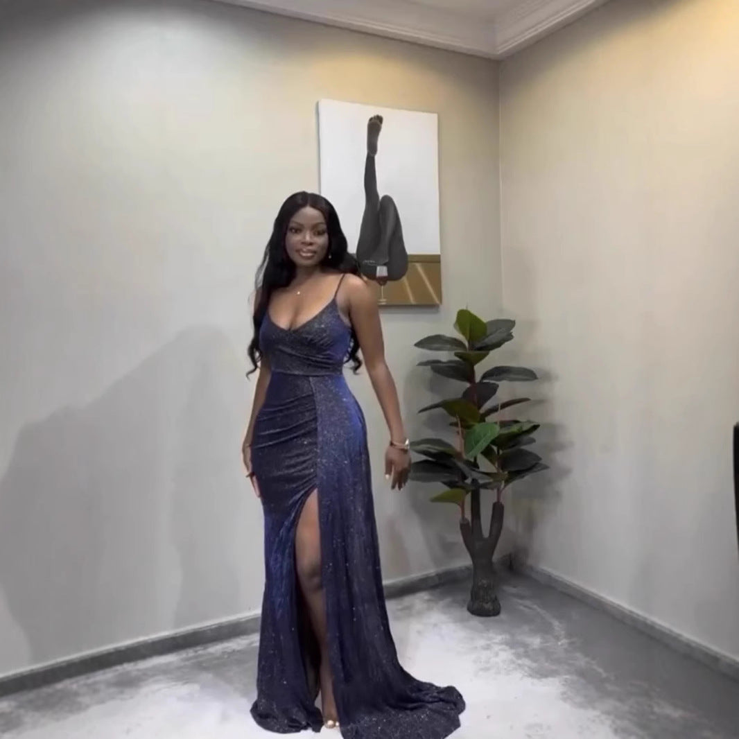 European and American style fashion new product flash suspender low-cut sexy irregular hip-wrapped dress women's clothing