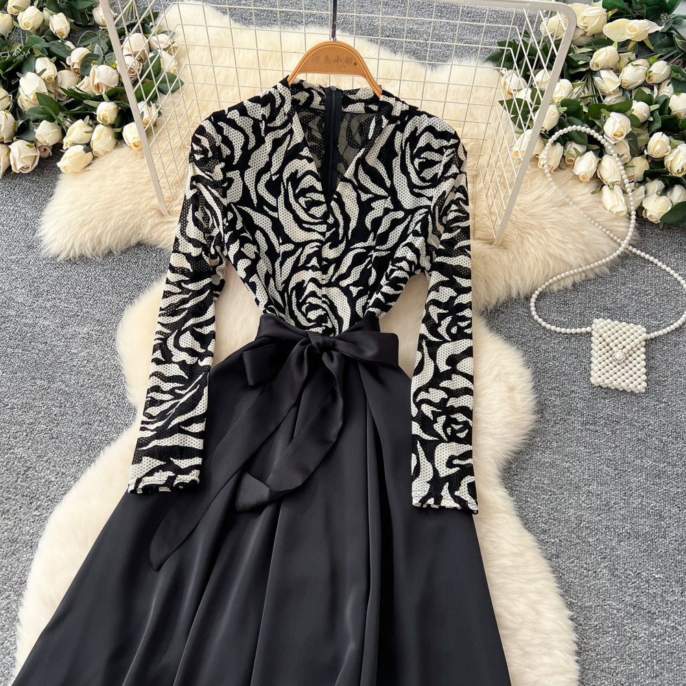 High-end elegant women's dress - 2025 autumn french style mesh print long sleeve patchwork tie-waist maxi dress