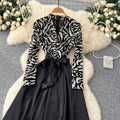High-end elegant women's dress - 2025 autumn french style mesh print long sleeve patchwork tie-waist maxi dress