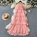 French sleeveless off-the-shoulder halter neck sexy dress - women's summer tiered ruffle cake dress - vacation style slimming maxi dress