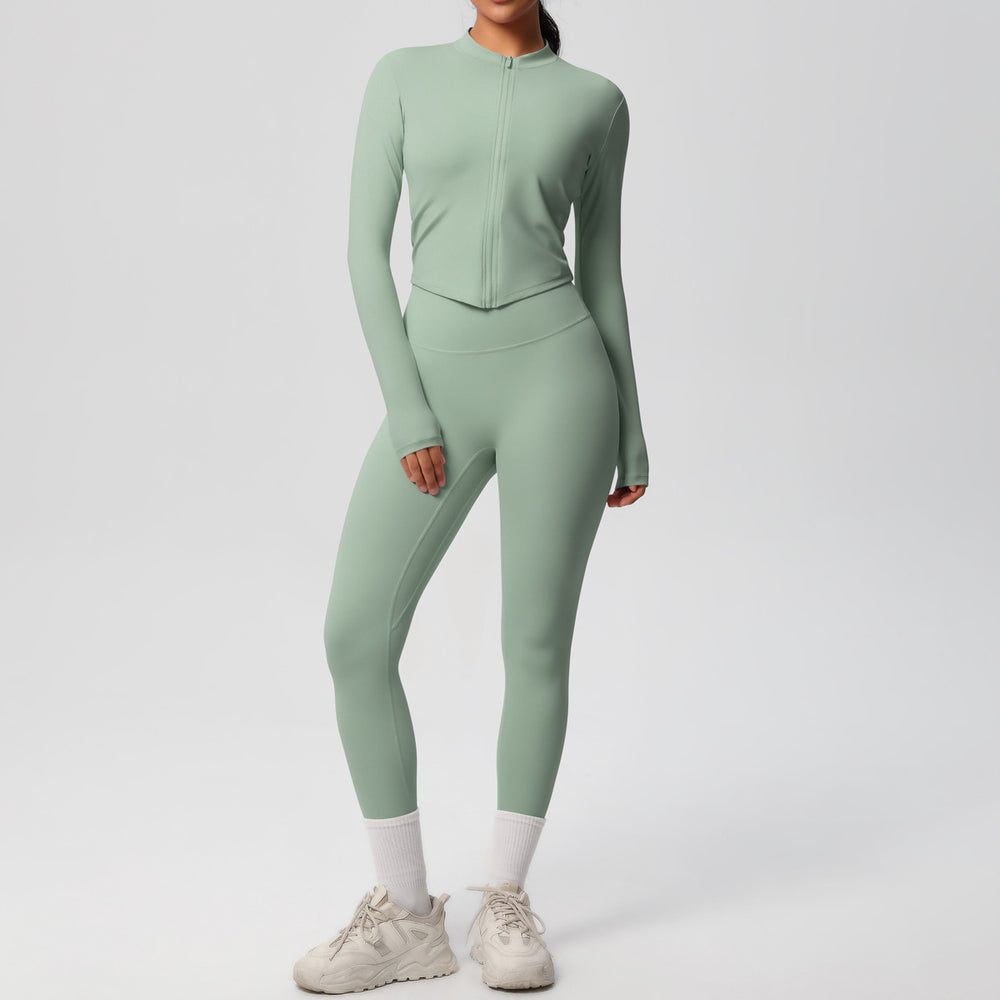 Ready-to-ship cross-border solid color double-sided brushed naked feel outerwear long sleeve set - compression running, fitness, and yoga two-piece outfit