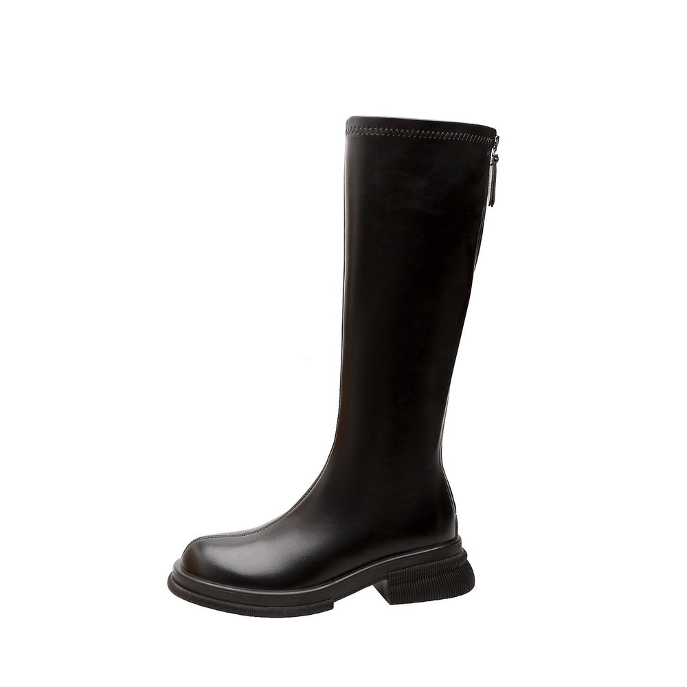 Petites thick heel boots women's thick round toe small gold buckle knee high knight boots boots 2025 brown black waterproof