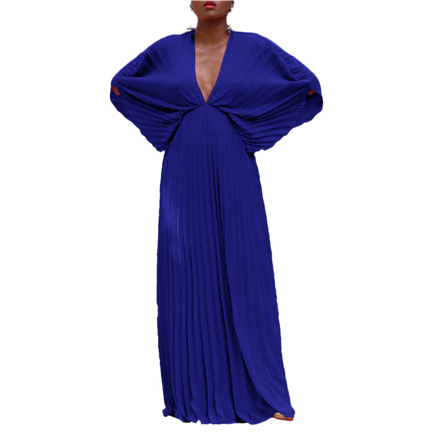 C8538  cross-border plus size women's summer european and american v-neck batwing sleeve loose casual pleated foreign trade dress