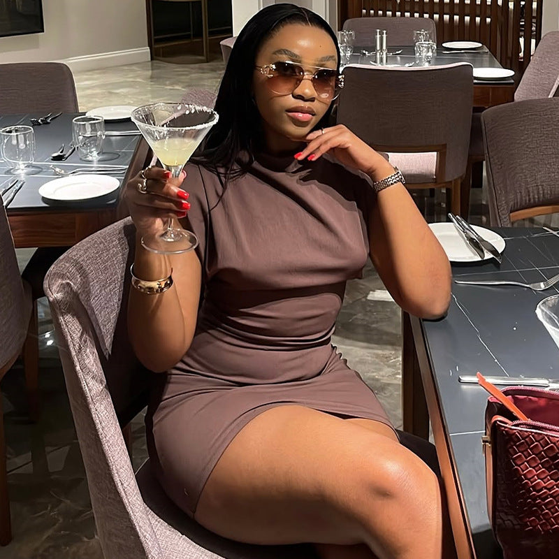 European and American  women's clothing 2025 summer new fashion temperament semi-turtleneck brown slim-fitting short dress
