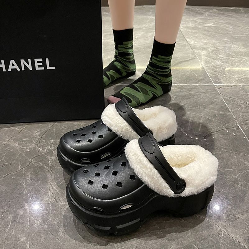 Clogs winterfleece-lineddetachable women's fall and wintergirl high heels cute student non-slip cotton slippers winterfleece-lined