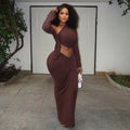 European and american style cross-border fashion women's pleated bodycon skirt set - solid color, asymmetrical neckline, long sleeve, one-shoulder tight dress