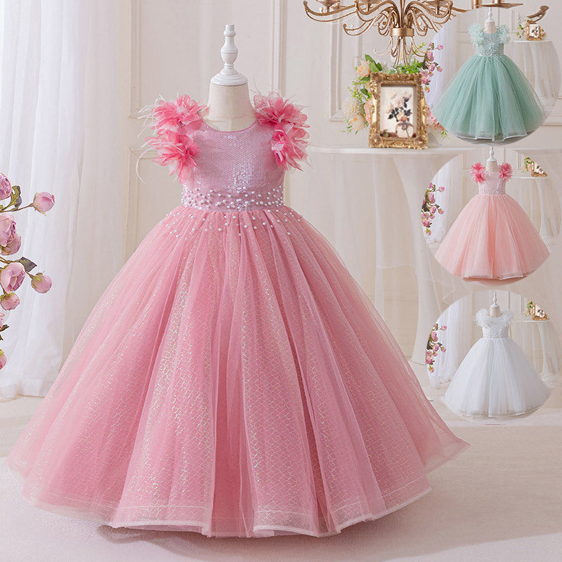 Girls' dresses  new collection: beaded birthday, piano recital, flower girl, runway performance, mesh princess dress for girls (sizes for mid-to-large children)